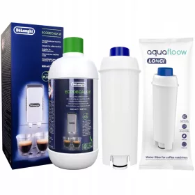    Delonghi Ecodecalk DLSC500 средство за отстраняване на котлен камък 500 мл + Воден филтър за кафе машина AquaFloow Longi бял
