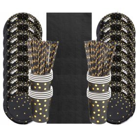   Съдове за еднократна употреба - Комплект чаши и чинии за рожден ден от черно злато