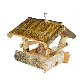    ХРАНИЛКА ЗА ПТИЦИ ОТ БРЕЗА, МАЛКА, със сламен покрив