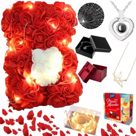   Уникален комплект мече от рози 6 в 1 с LED осветление и аксесоари