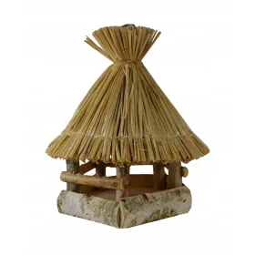    ХРАНИЛКА ЗА ПТИЦИ ОТ БРЕЗА СЪС СЛАМЕН ПОКРИВ