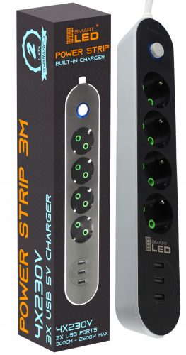 Smartled лентов удължителен кабел 3 м, 4 гнезда, черен
