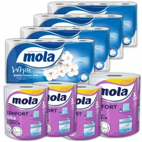   4× Mola неароматизирана тоалетна хартия 8 бр + 4× Mola Komfort целулозна хартиена кърпа, бяла, 300 листа