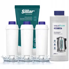    3× Филтри за вода Sillar SIL001 за кафе машини Delonghi + AquaFloow универсален препарат за отстраняване на котлен камък за кафе машини - 0,5л
