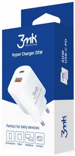  3mk бързо зарядно за стена USB-C, USB-A, QC 3.0 PD 20W бързо зареждане