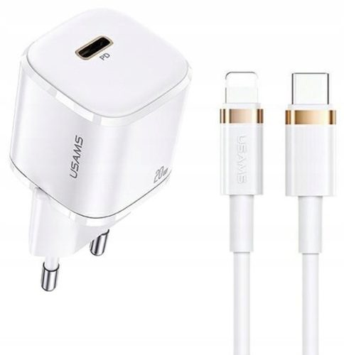  USAMS Зарядно устройство 1xUSB-C T36 mini 20W + USB-C-Lightning кабел бял