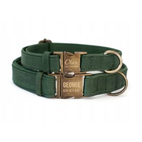    Гравиран кожен нашийник за куче с метална катарама, зелен цвят