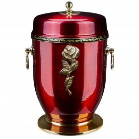  Червена метална урна за прах с роза, погребална урна, урна за кремация