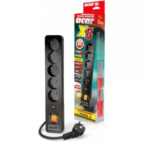    Acar X5 лентов удължителен кабел 3м 5 гнезда, анти-пренапрежение, черен