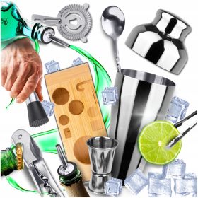   Бармански комплект за напитки 10 бр. черно барманско оборудване със стойка