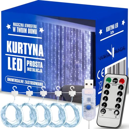  СВЕТЕЩА ЗАВЕСА 200 LED СТУДЕНА 3x2m USB КОЛЕДНА ЕЛХА ГИРЛЯНД ДИСТАНЦИОННО