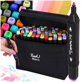    Алкохолни маркери 80 двустранни тъч маркери, цветни маркери + торбичка