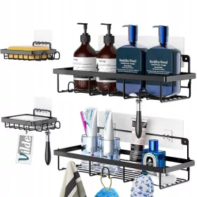    4x Рафт за душ за БАНЯ, черен метал, самозалепваща стена