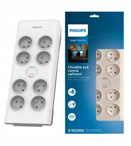 Удължител за защита от пренапрежение Philips, 2 м, 8 бр.гнезда, бял