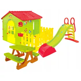   Детска площадка - Градинска къщичка с ограда + пързалка 180 см + маса