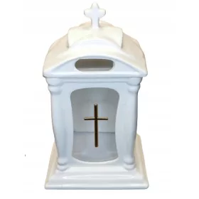   Голяма керамична свещ с позлатен кръст, стабилна за паметник