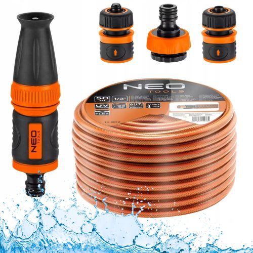  Градински маркуч Neo Tools 15-802 1/2'' 50 м + Комплект конектори за маркуч 1/2'' + Разпръсквач NEO 15-710