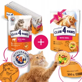    CLUB 4 PAWS мокра храна за котки - Телешко в сос 24x100 гр + БЕЗПЛАТНО
