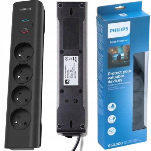  Удължител за защита от пренапрежение Philips, 2 м, 4 гнезда, бял