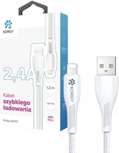  Korgy USB-A - iPhone плетен кабел 1.2m бял Бързо зареждане 2.4A