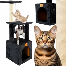    PETSTORY Черен стълб за драскане CAT HOUSE SIZAL легло на стълб 4 нива