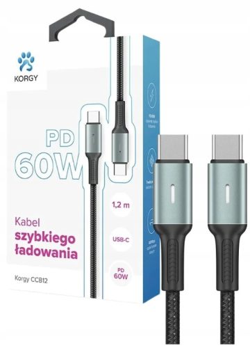  USB-C - USB-C кабел Korgy CCB12 60W 1.2m Черна найлонова оплетка Диод