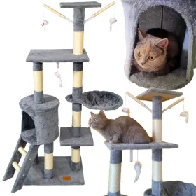    PETSTORY сива стъргалка за голяма котка 6 нива СТОЛБА ЗА ХАМАК сизал 145 см