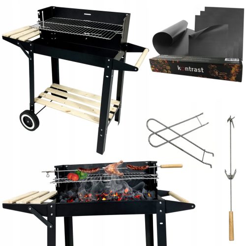  ПРЕНОСИМ ГРАДИНСКИ ГРИЛ НА ДЪРВЕНИ ВЪГЛИЩА С 2 РАФТА НА КОЛЕЛА BBQ 1012