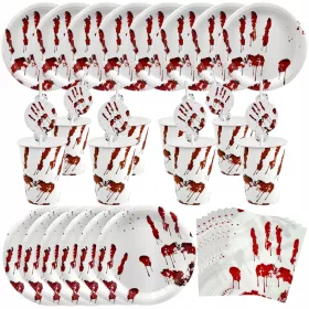    Голям комплект чинии, чаши, салфетки, сламки, Halloween Bloody Hand, 40 бр.