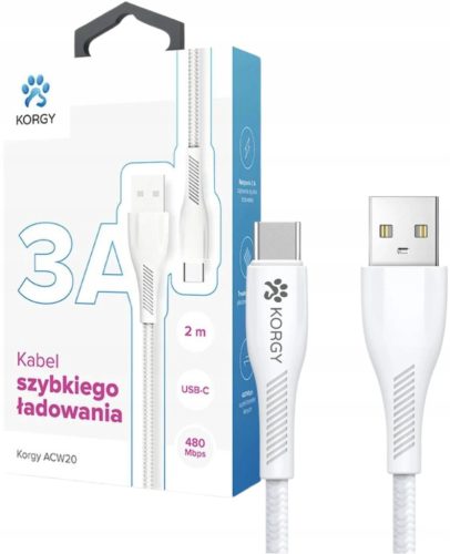  Korgy ACW20 USB-A - USB-C кабел 2 м бързо зареждане, найлонова оплетка, бяла