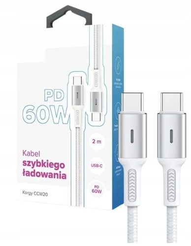  USB-C - USB-C кабел Korgy CCW20 60W 2m бързо зареждане, плетен найлон бял