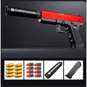    ПИСТОЛЕТ ЗА ИГРАЧКИ МЕКИ ПАТРОНИ РЕАЛИСТИЧЕН GLOCK РЕПЛИКА ЧЕРВЕН ЧЕРЕН