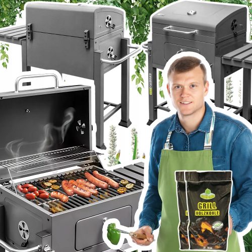  Градинска скара с капак, масичка, чугунена масивна решетка + 4 кг въглища