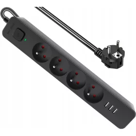    Удължителен кабел Defender 5 м за защита от пренапрежение, 4 гнезда, черен