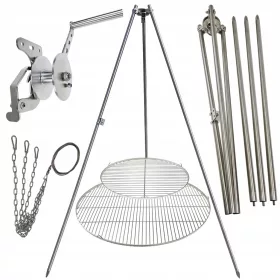    Триножник за градински грил 200 см неръждаема стомана 2 решетки 50 + 90 см въже за макара