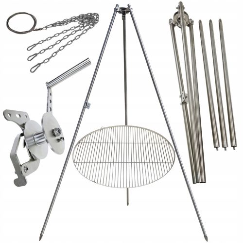  Статив за градинска скара 225см неръждавейка + решетка 80см + макара + INOX въже
