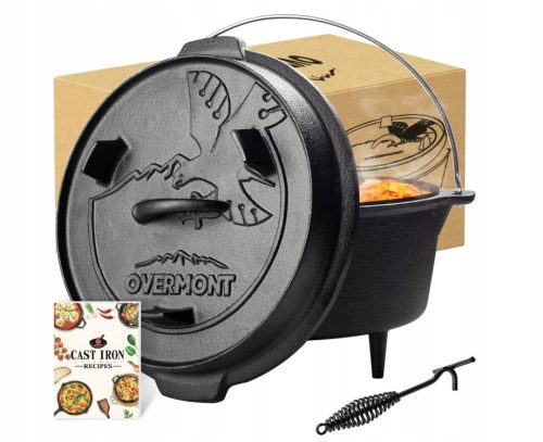  Overmont Dutch Oven Чугунена тенджера 2в1 Котел за лагерен огън за къмпинг 4.2L