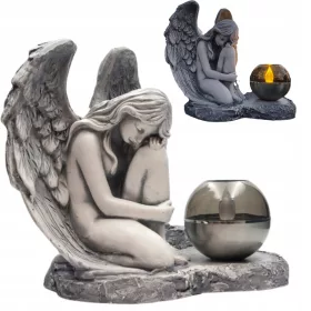   Фигурка на Замислен Ангел с Черна Соларна Лампа - Уникална Надгробна Декорация