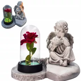   Фигурка на Ангел Четящ Книга с Подсветена Роза в Стъклен Клозет - Декоративен Нагробен Символ
