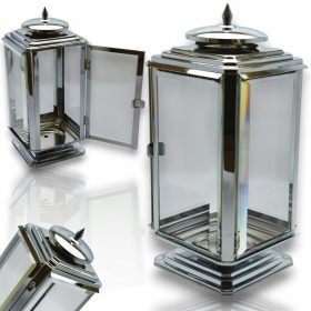   Елегантен метален фенер за гроб със стъкло Glamour - Светло сребрист, 28см