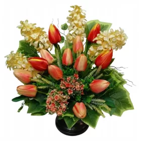   Композиция от изкуствени цветя - тюлпани и хиацинти в декоративна саксия