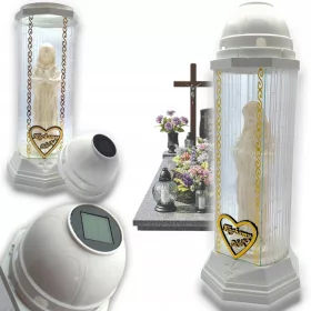   Соларен фенер LED с Мария и златно сърце за гроб "Обичаме те" - бял