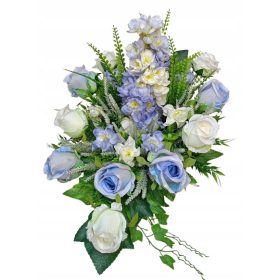   Гробен Аранжимент с Изкуствени Цветя - Сини и Бели Рози в Циментиран Кош