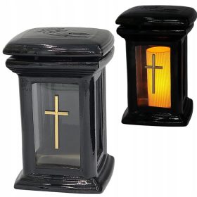   Черен Керамичен Свещник "Колона" със Златен Кръст ZC25