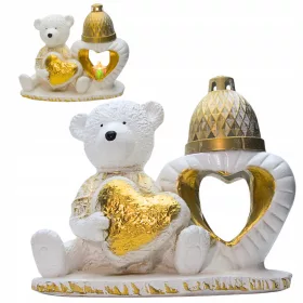   Фигура за гроб "Мечо със сърце и фенер" в бяло и злато - 27×22×12 см, 2.2 кг