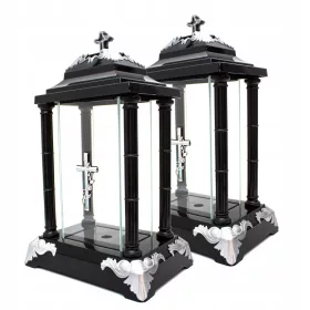   Комплект от 2 Лампи за Гробища с Черен Цвят, Кръст и Сребърни Детайли